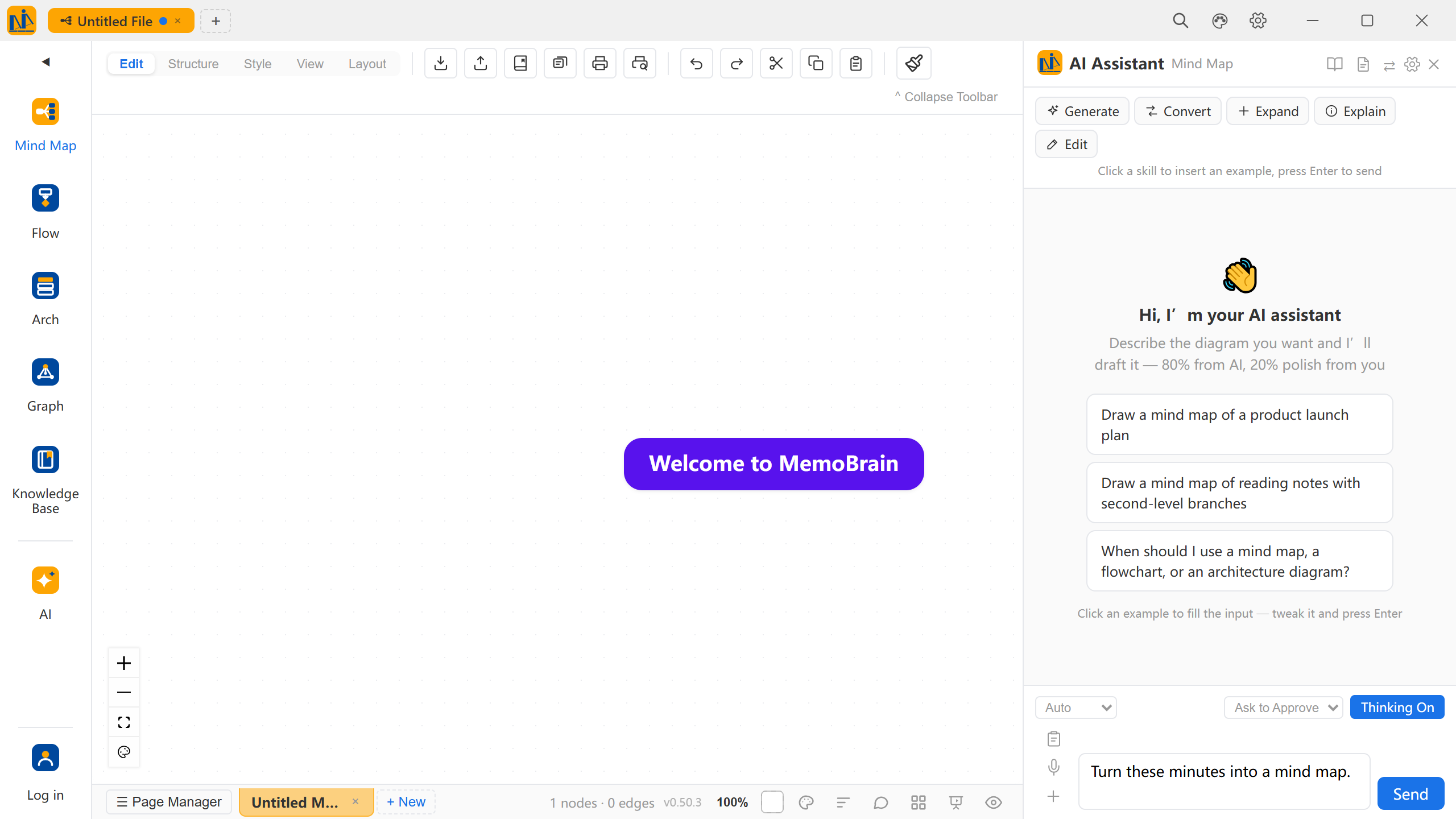 The AI assistant panel with the sentence typed — 'Turn these minutes into a mind map.' — skill chips and example prompts above, ready to send