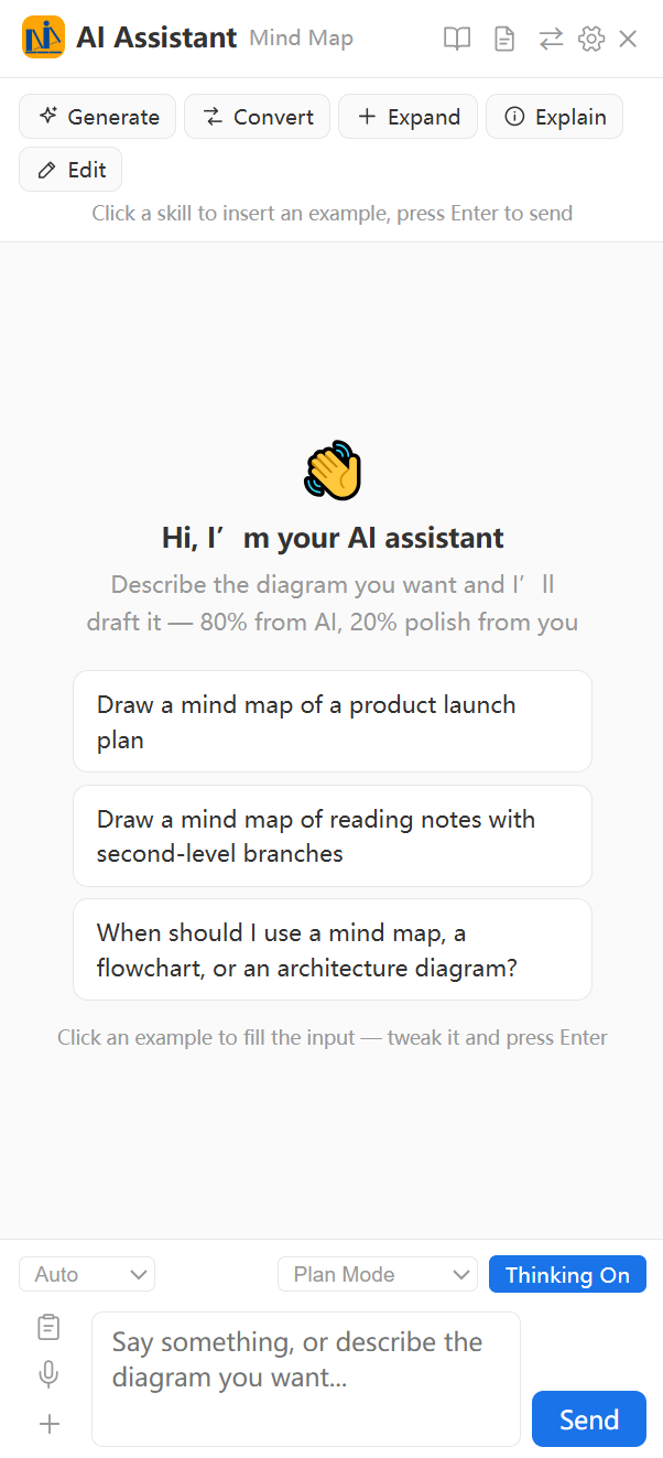 The full AI assistant sidebar: greeting, sample prompts, tool row and input area