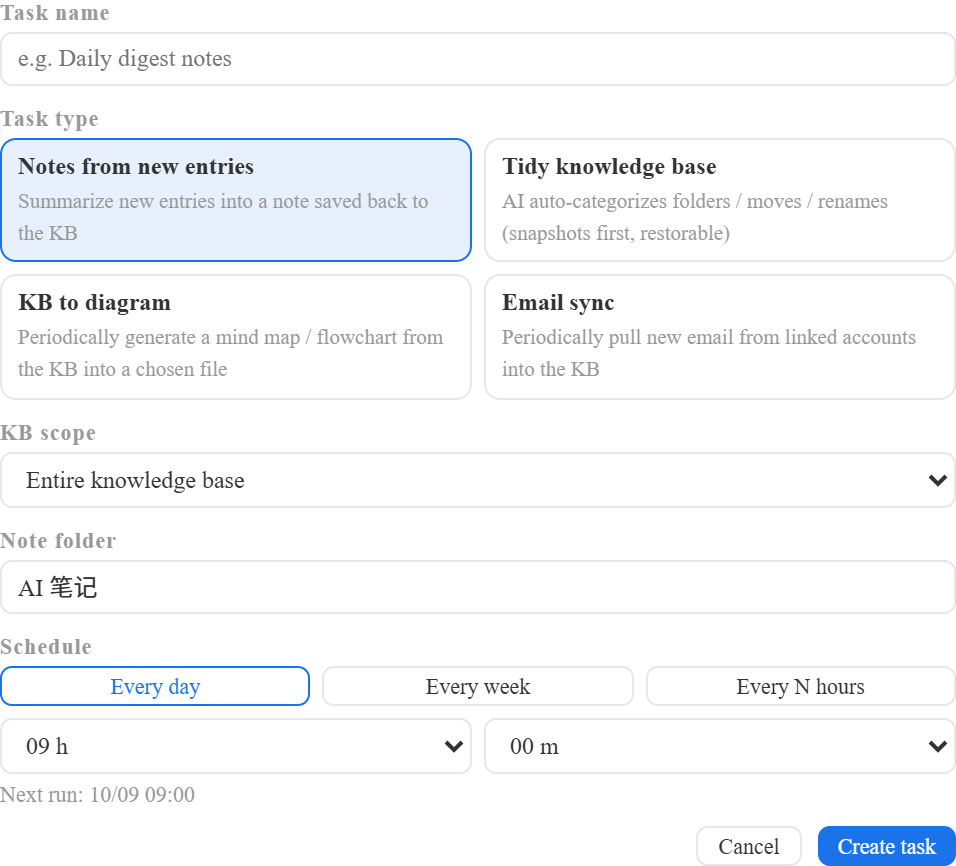 New scheduled task: name, six task types, library scope and plan