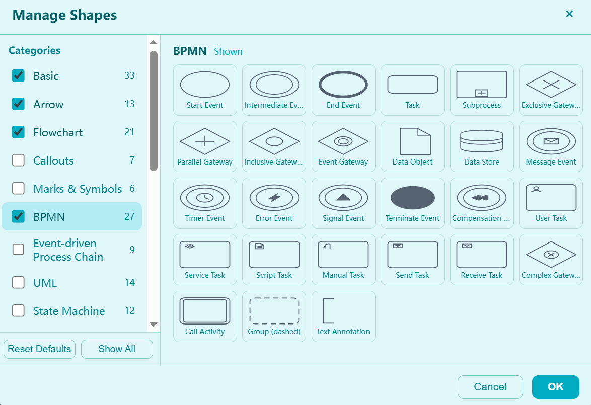 Shape manager dialog (themed with the UI): a category checklist — Basic 33, Arrow 13, Flowchart 21, Callouts 7, Marks & Symbols 6, BPMN 27, Event-driven Process Chain 9, UML 14, State Machine 12 — with the BPMN shape grid and restore-default / show-all