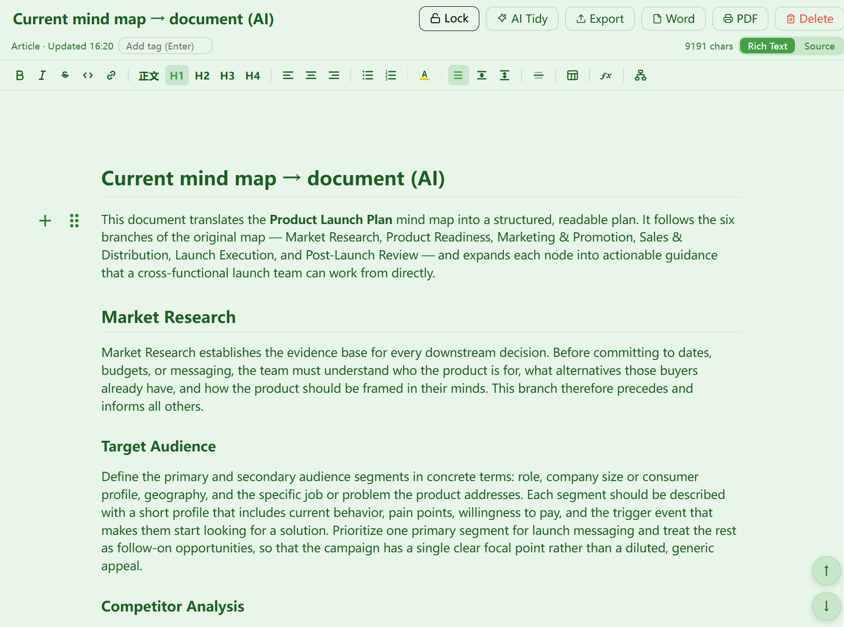 Rich-text mode: WYSIWYG editing with a floating toolbar